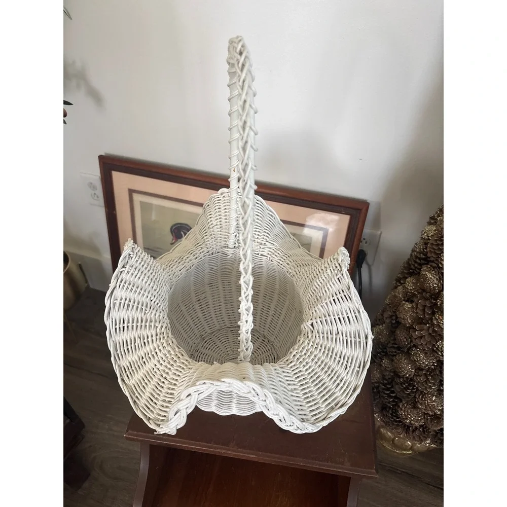 Vintage White Wicker Ruffled Scalloped Basket Tall Braided Handle Cottagecore